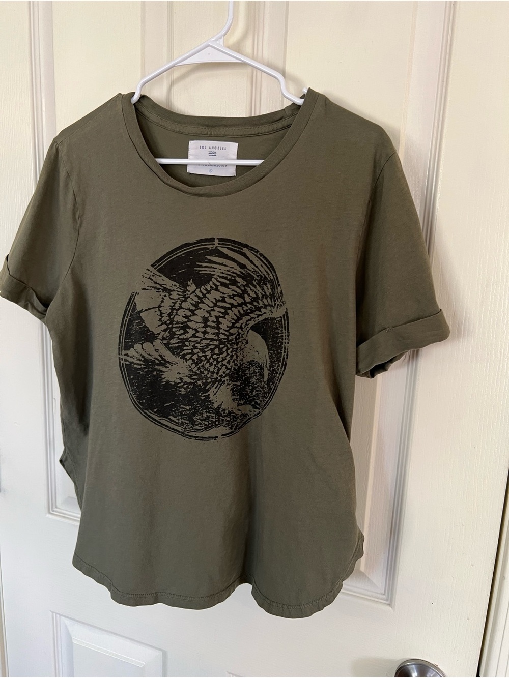 Anthropologie Sol Angeles Eagle Graphic Tee Olive Green Cotton Rolled Sleeve L - Picture 7 of 9